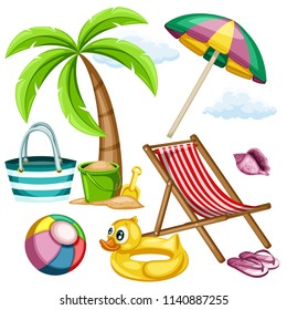 Cartoon Summer Objects Isolated on White Background. Vector Illustration of Beach Objects Set. Palm, Rubber Duck Ring, Ball, Bucket and Shovel, Beach Umbrella, Chair Lounge, Slippers, Seashell and Bag