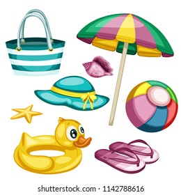 Cartoon Summer Objects Isolated on White Background. Vector Illustration of Beach Objects Set. Rubber Duck Ring, Beach Umbrella, Ball, Slippers, Seashell, Seastar, Hat and Bag