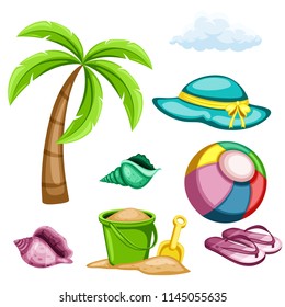 Cartoon Summer Objects Isolated on White Background. Vector Illustration of Beach Objects Set. Palm, Beach Ball, Sand Bucket and Shovel, Slippers, Seashells and Hat