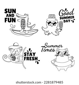 Cartoon summer outline cute kawaii animals. Crocodile, cat, octopus, monkey