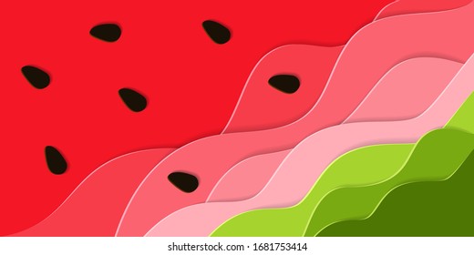 Cartoon summer paper background. Layered watermelon. Abstract 3D banner. Vector illustration sweet food in origami style. Tropical papercraft layers berry. Design card, brochure, cover, wallpaper.