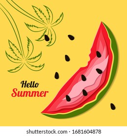 Cartoon summer paper background. Palm trees and layered watermelon on yellow background. Abstract 3D banner. Vector illustration in origami style. Design for card, brochure, cover, wallpaper. Stock.