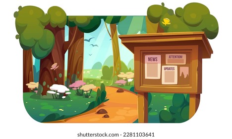 Cartoon summer park with announcement board. Vector illustration of beautiful public garden with footpath between trees, green grass, blooming flowers, butterflies and birds flying. Web banner design