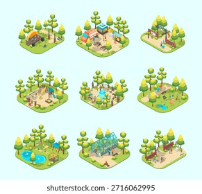 Cartoon Summer Park y Fest Concept Arch Entrance, Pond Retreat, Snack Booth, Fuente Central y Ruta Ciclista 3D Vista Isométrica. Ilustración vectorial