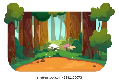 Cartoon summer park, forest glade. isolated on white Vector illustration of beautiful public garden with footpath between trees, green grass, blooming flowers. Web banner design