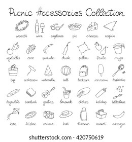 Cartoon Summer Picnic Elements with Captions. Food, Drink, Outdoor Vacation Accessories