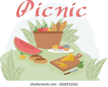 cartoon summer picnic in the forest or garden on the grass with food in a picnic basket in delicate pastel colors with a green background