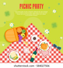 Cartoon Summer Picnic in Park Basket Card Background Place for Your Text Top View. Flat Design Style. Vector illustration