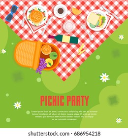 Cartoon Summer Picnic in Park Basket Card Background Place for Your Text Top View. Flat Design Style. Vector illustration