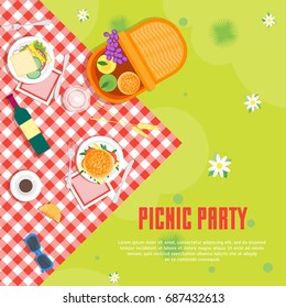 Cartoon Summer Picnic In Park Basket Card Background Place For Your Text Top View. Flat Design Style. Vector Illustration