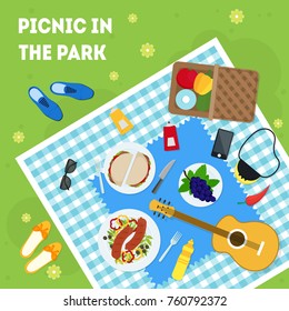 Cartoon Summer Picnic In Park Basket Card Poster Top View Family Vacation Concept. Vector Illustration