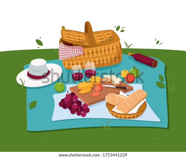 公園での漫画の夏のピクニック 食べ物や眼鏡の横にワインが詰まったピクニック用バスケット 白い背景にピクニックの上面図 平らなベクター画像イラスト のベクター画像素材 ロイヤリティフリー