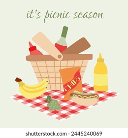 Cartoon Summer Picnic in Park. Flat Vector Poster with Basket, Checkered Plaid, Fruits, Fast Food, Wine And Sauce. Background with Place for Text, Front View. Design illustration for Card, Poster.