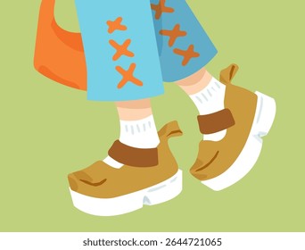 Cartoon Summer Platform Sandals — Stylish chunky brown platform sandals with socks and cropped jeans. Flat cartoon style illustration with bright colors on green background.