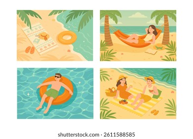 Cartoon summer postcard collection with beach, ocean, people, picnic, hammock and relaxing vacation scenes.