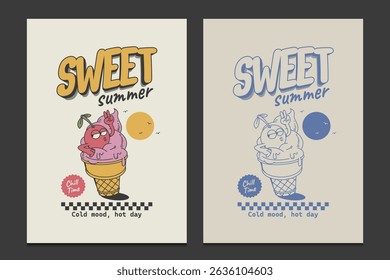 cartoon summer poster with retro ice cream character, vector illustration