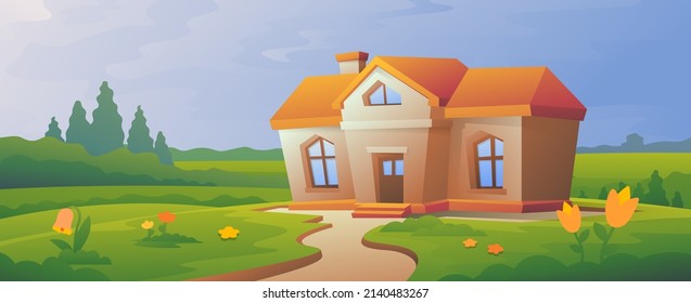 Cartoon summer residence stands on green field and flowers background.