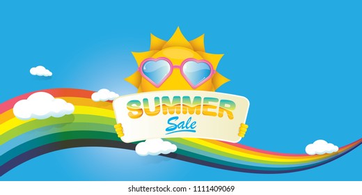 cartoon summer sale vector label or horizontal web banner. summer happy sun character holding sign or banner with special offer sale text on blue sky horizontal background with color rainbow and cloud