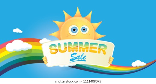 cartoon summer sale vector label or horizontal web banner. summer happy sun character holding sign or banner with special offer sale text on blue sky horizontal background with color rainbow and cloud