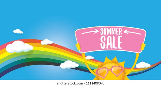 cartoon summer sale vector label or horizontal web banner. summer happy sun character holding sign or banner with special offer sale text on blue sky horizontal background with color rainbow and cloud