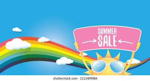 cartoon summer sale vector label or horizontal web banner. summer happy sun character holding sign or banner with special offer sale text on blue sky horizontal background with color rainbow and cloud