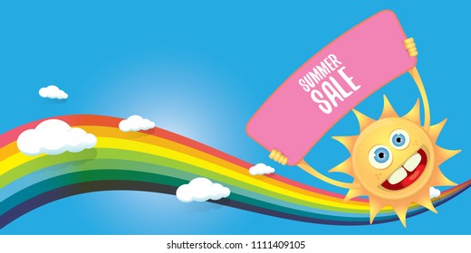 cartoon summer sale vector label or horizontal web banner. summer happy sun character holding sign or banner with special offer sale text on blue sky horizontal background with color rainbow and cloud