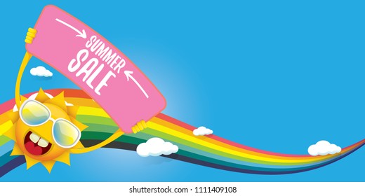 cartoon summer sale vector label or horizontal web banner. summer happy sun character holding sign or banner with special offer sale text on blue sky horizontal background with color rainbow and cloud