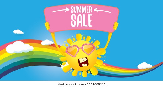 cartoon summer sale vector label or horizontal web banner. summer happy sun character holding sign or banner with special offer sale text on blue sky horizontal background with color rainbow and cloud
