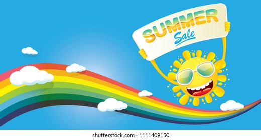 cartoon summer sale vector label or horizontal web banner. summer happy sun character holding sign or banner with special offer sale text on blue sky horizontal background with color rainbow and cloud