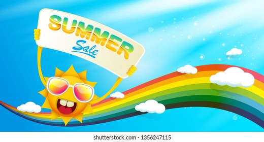cartoon summer sale vector label or horizontal web banner. summer happy sun character holding sign or banner with special offer sale text on blue sky horizontal background with color rainbow and cloud