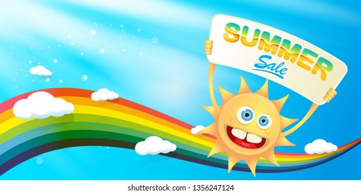 cartoon summer sale vector label or horizontal web banner. summer happy sun character holding sign or banner with special offer sale text on blue sky horizontal background with color rainbow and cloud