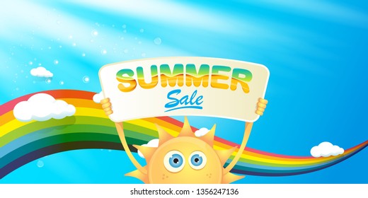 cartoon summer sale vector label or horizontal web banner. summer happy sun character holding sign or banner with special offer sale text on blue sky horizontal background with color rainbow and cloud