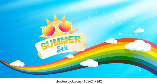 cartoon summer sale vector label or horizontal web banner. summer happy sun character holding sign or banner with special offer sale text on blue sky horizontal background with color rainbow and cloud