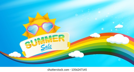 cartoon summer sale vector label or horizontal web banner. summer happy sun character holding sign or banner with special offer sale text on blue sky horizontal background with color rainbow and cloud