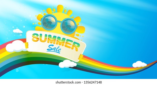 cartoon summer sale vector label or horizontal web banner. summer happy sun character holding sign or banner with special offer sale text on blue sky horizontal background with color rainbow and cloud