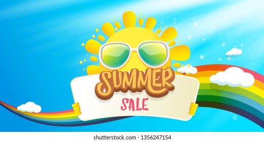 cartoon summer sale vector label or horizontal web banner. summer happy sun character holding sign or banner with special offer sale text on blue sky horizontal background with color rainbow and cloud