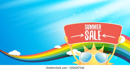 cartoon summer sale vector label or horizontal web banner. summer happy sun character holding sign or banner with special offer sale text on blue sky horizontal background with color rainbow and cloud