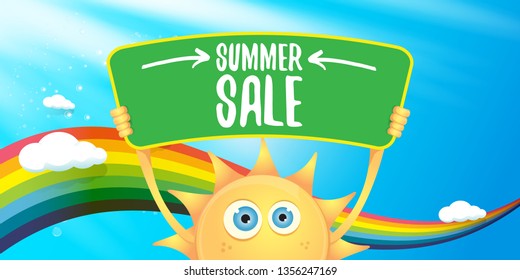 cartoon summer sale vector label or horizontal web banner. summer happy sun character holding sign or banner with special offer sale text on blue sky horizontal background with color rainbow and cloud