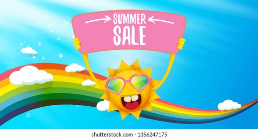 cartoon summer sale vector label or horizontal web banner. summer happy sun character holding sign or banner with special offer sale text on blue sky horizontal background with color rainbow and cloud