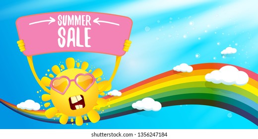 cartoon summer sale vector label or horizontal web banner. summer happy sun character holding sign or banner with special offer sale text on blue sky horizontal background with color rainbow and cloud