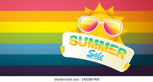 cartoon summer sale vector label or horizontal web banner. summer happy sun character holding sign or banner with special offer sale text on rainbow  horizontal background 