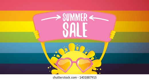 cartoon summer sale vector label or horizontal web banner. summer happy sun character holding sign or banner with special offer sale text on rainbow  horizontal background 