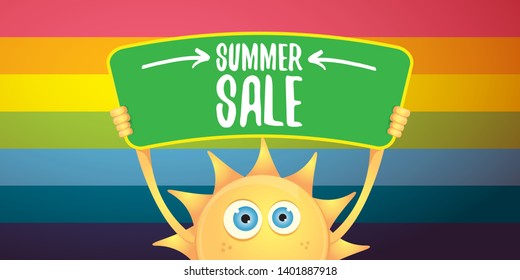 cartoon summer sale vector label or horizontal web banner. summer happy sun character holding sign or banner with special offer sale text on rainbow  horizontal background 