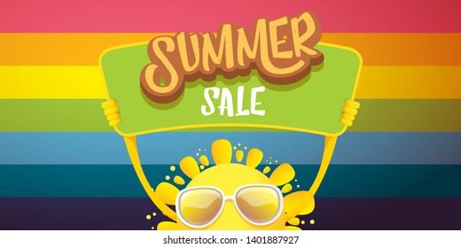 cartoon summer sale vector label or horizontal web banner. summer happy sun character holding sign or banner with special offer sale text on rainbow  horizontal background 