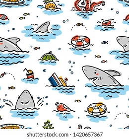 Cartoon Summer Sea Background for Kids. Vector Seamless Childish Pattern with Doodle Cute Shark Smiling Characters and Various Objects and Food Floating or Sinking in Water