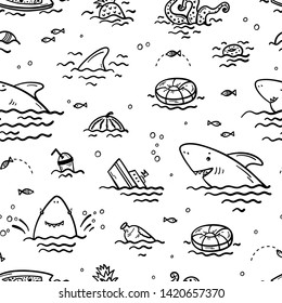 Cartoon Summer Sea Background for Kids. Vector Seamless Childish Pattern with Doodle Cute Shark Smiling Characters and Various Objects and Food Floating or Sinking in Water