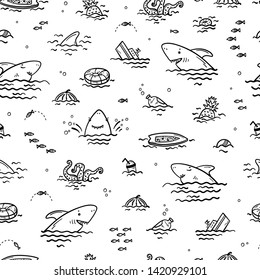 Cartoon Summer Sea Background for Kids. Vector Seamless Childish Pattern with Doodle Cute Shark Smiling Characters and Various Objects and Food Floating or Sinking in Water