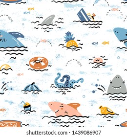 Cartoon Summer Sea Background for Kids. Vector Seamless Childish Pattern with Doodle Cute Shark Smiling Characters and Various Objects and Food Floating or Sinking in Water