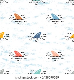 Cartoon Summer Sea Background for Kids. Vector Seamless Childish Pattern with Doodle Cute Shark Fins and Sea Waves