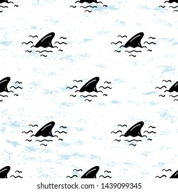 Cartoon Summer Sea Background for Kids. Vector Seamless Childish Pattern with Doodle Cute Shark Fins and Sea Waves